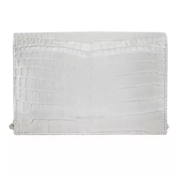 Alexander McQueen Skull Croc-Embossed Leather Chain Crossbody Light Gray - Picture 3 of 12